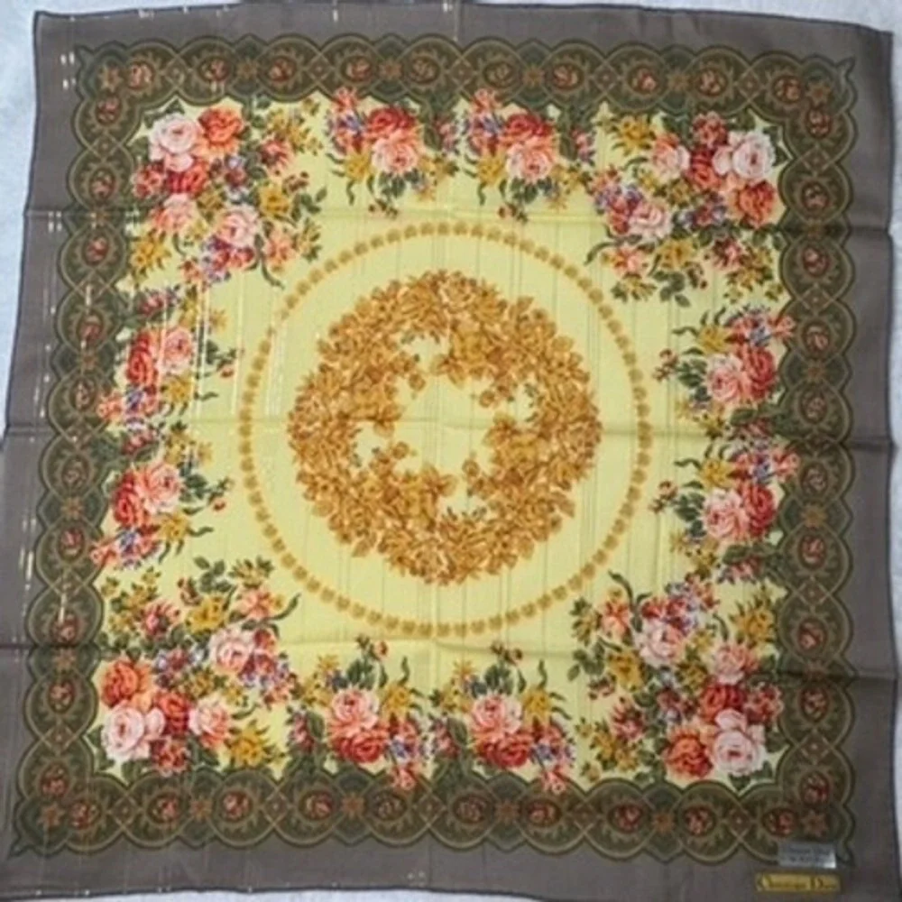 Vtg CHRISTIAN DIOR Scarf Handkerchief Floral Brown Cream 20